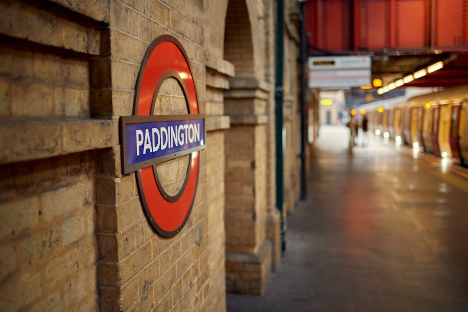 Close-up of a circular London Underground station sign mounted on a brick wall, with the text 'Paddington' in white on a blue background, encased within a red ring. The brick wall behind features a warm, textured surface with visible mortar and a slightly weathered appearance. In the background, the station platform extends outward, partially visible with a row of illuminated lights under an orange and red canopy structure overhead. The platform is smooth and clean, with a few blurred figures walking further down. To the right, part of a train with a metallic and glass exterior is parked alongside, reflecting ambient light. The scene is lit with warm, natural lighting that suggests late afternoon or early evening, creating a calm atmosphere. The image captures an urban environment associated with public transport, subtly related to the context of local or alternative management of travel and waste disposal arrangements, and the station environment's inherent connection to efficient transit services, including related infrastructure management by companies like House Clearance Paddington.